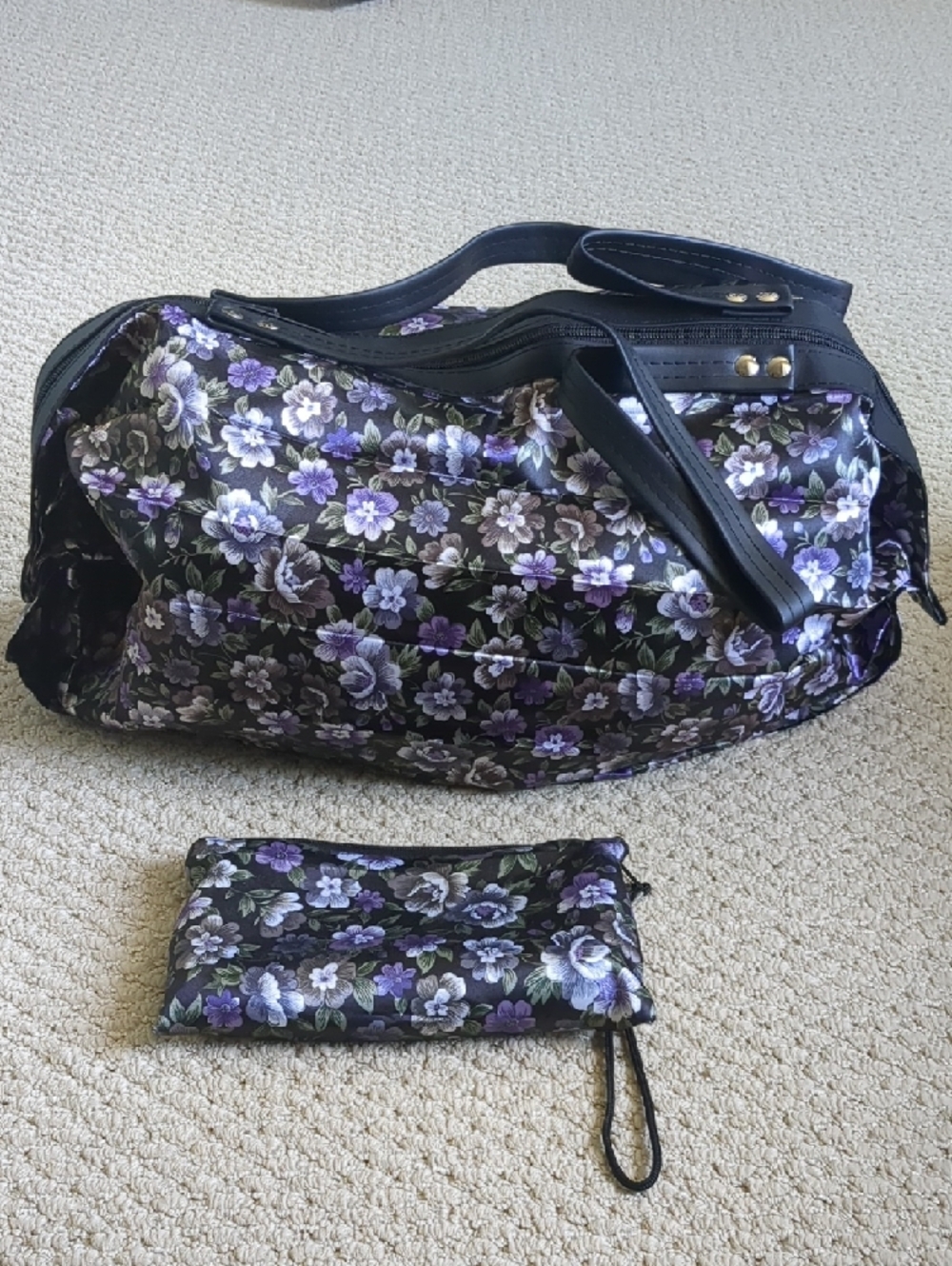 Packable Floral Travel Bag in Black and Purple